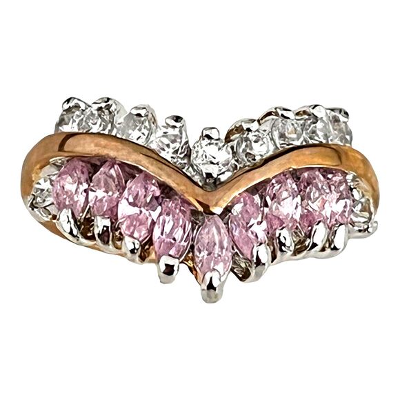 Vintage Ring Size 9 Pink Cubic Zirconia Accents 14K Gold Plate Mid-Century 14V - Picture 2 of 6